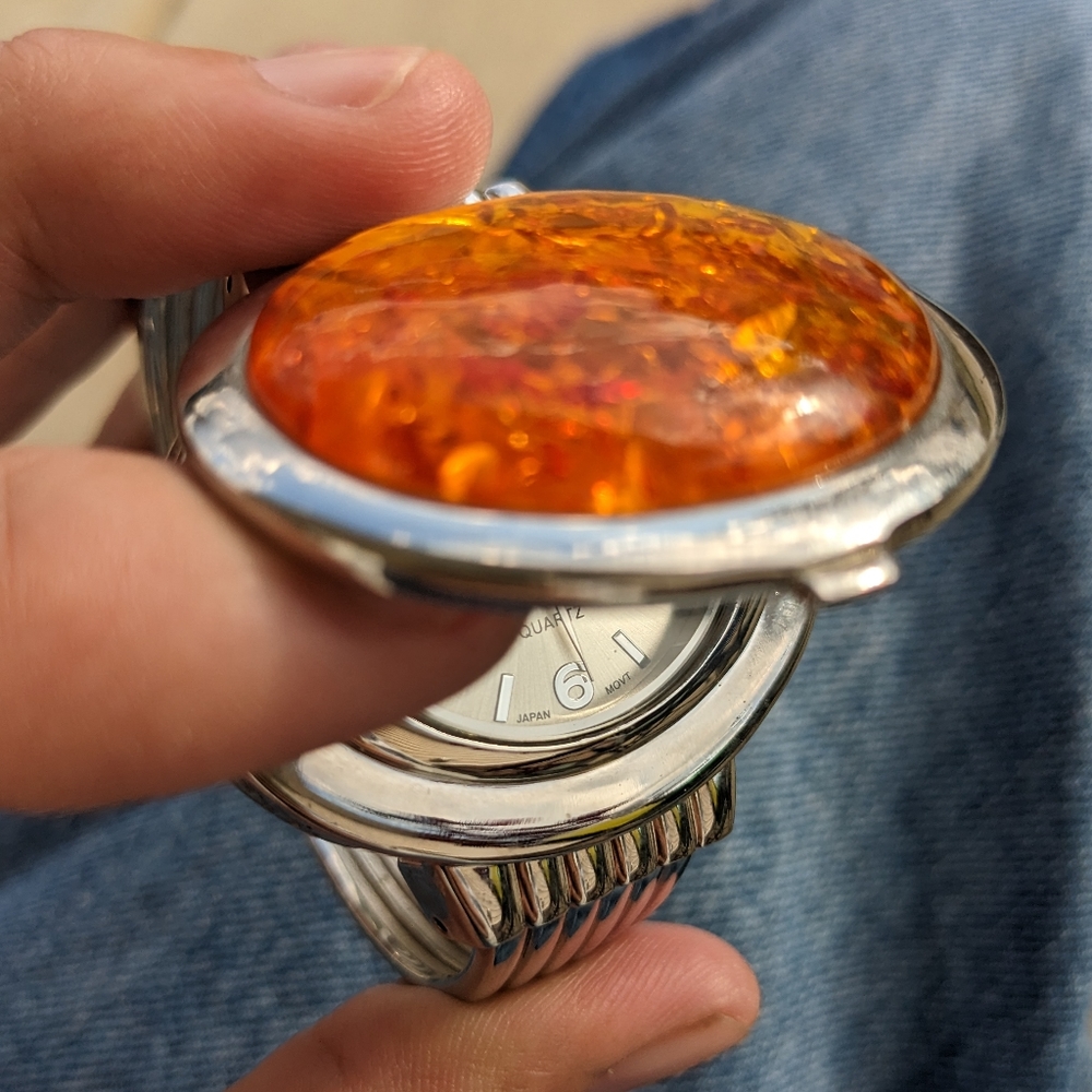 VTG BURGI BOHO JAPAN MOVEMENT HONEY AMBER WATCH CUFF BRACELET/WATCH - Picture 7 of 9